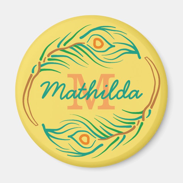 Art Deco Peacock Feather Monogram Stencil Magnet (Front)