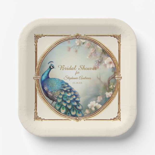 Art Deco Peacock Feathers Elegant Flower Tree  Paper Plate (Front)