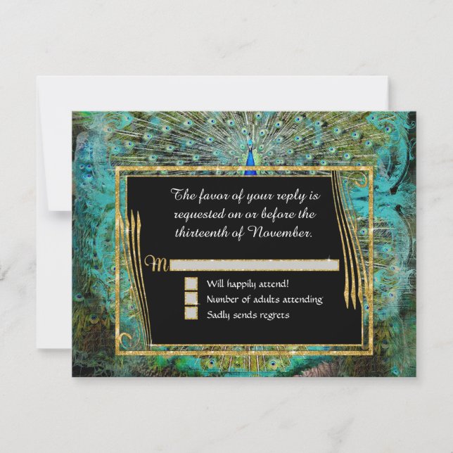 Art Deco Peacock Glam Old Hollywood Regency RSVP Card (Front)