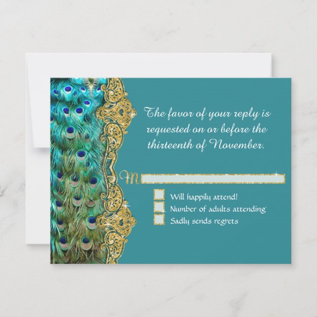 Art Deco Peacock Glam Old Hollywood Wedding RSVP Card (Front)