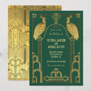 Art Déco Peacock Gold & Black Faire-part de mariag