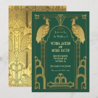 Art Deco Peacock Gold & Black Wedding Invitation