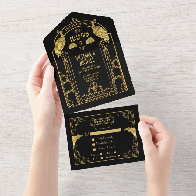 Art Deco Peacock Gold & Black Wedding Reception All In One Invitation (Tearaway)