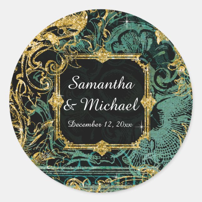 Art Deco Peacock Gold Glitter Old Hollywood Gatsby Classic Round Sticker (Front)