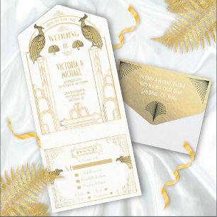 Art Déco Peacock Gold & White Wedding Invitations