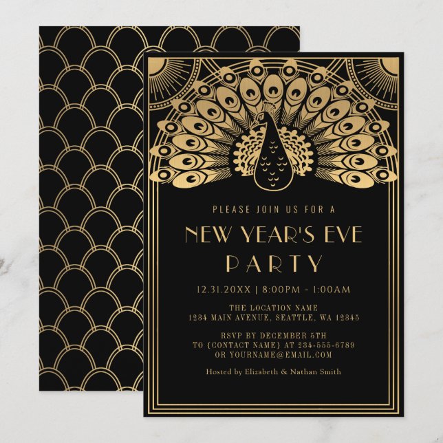 Art Déco Peacock Nouvel An's Eve Party Invitation (Devant / Derrière)