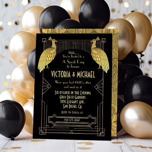 Art Deco Peacock Speak Easy Party Gold & Black Invitation