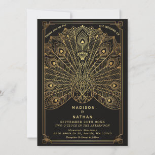 Art Deco Peacock Wedding Invitation Gold Black