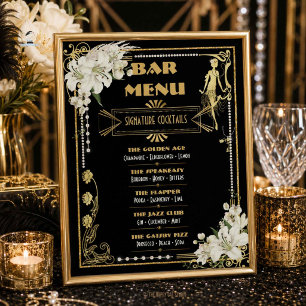 Art Deco Pearls White Flowers Gatsby 20s Bar Menu Poster