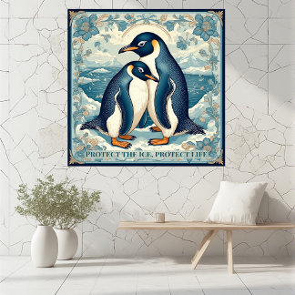 Art Deco Penguin Ice Bird Couple Snow Ocean Floral Photo Print
