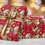 Art Deco Personalized Photos Christmas Deep Red Wrapping Paper<br><div class="desc">Add some Art Deco style to the holiday season with this vintage-inspired Christmas wrapping paper! A stylish design featuring three of your own photos and custom text. This seamless pattern features geometric diamond shapes and stars in a festive palette of deep red, white and gold colour. Custom gift wrap is...</div>