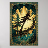 Art Deco Pine Tree Silhouette Gold Teal Cliff Post