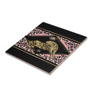 Art Deco Pink and Gold Leopard  Tile