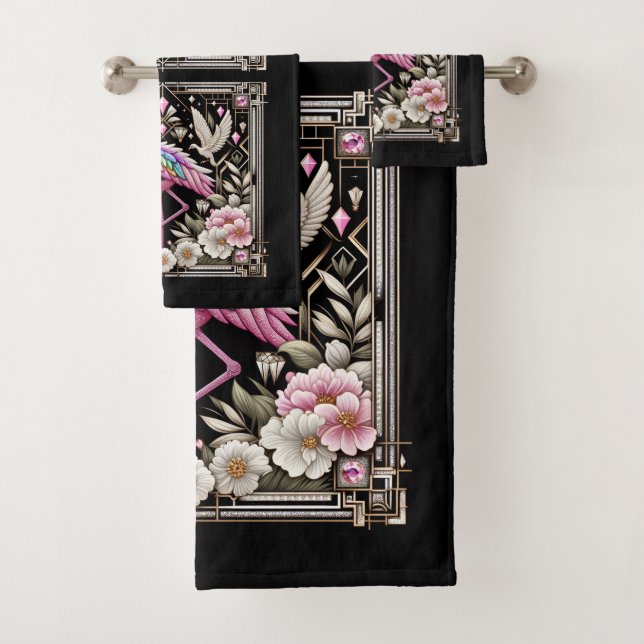 Art Deco Pink and Rainbow Flamingo  Bath Towel Set (Insitu)