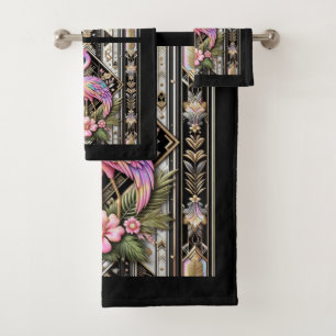 Art Deco Pink and Rainbow Flamingo  Bath Towel Set