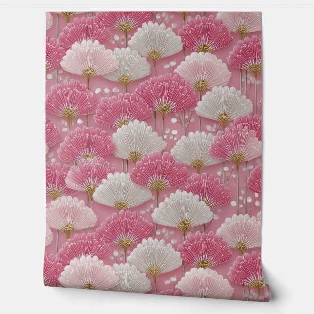 Art Deco Pink and White Flowers Wallpaper (Unrolling)