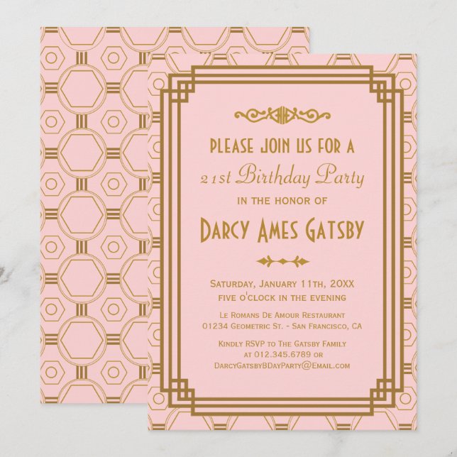 Art Deco Pink Birthday Party Invitations (Front/Back)