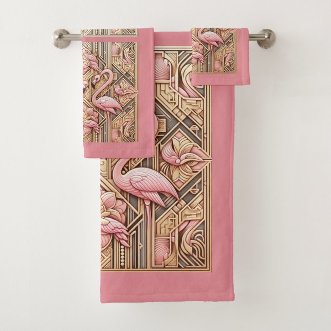 Art Deco Pink Flamingo  Bath Towel Set (Insitu)