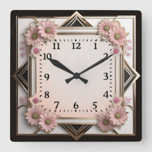 Art Deco pink flowers Square Wall Clock