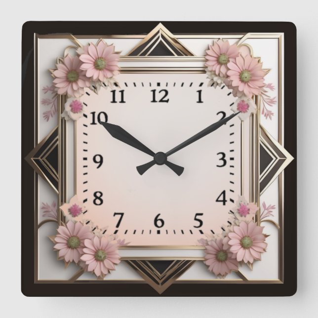 Art Deco pink flowers Square Wall Clock (Front)