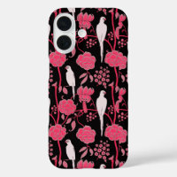 ART DECO pink FLOWERS,WHITE PARROTS ON BLACK