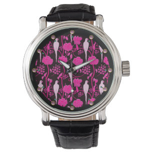 ART DECO PINK FLOWERS,WHITE PARROTS ON BLACK WATCH