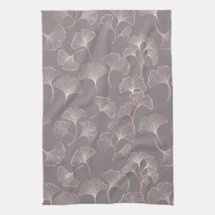 Art Deco Pink Leaf Pattern Kitchen Towel