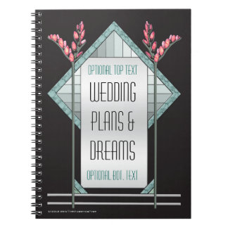 Art Deco Pink Pussy Willow and Aqua Glass on Black Notebook