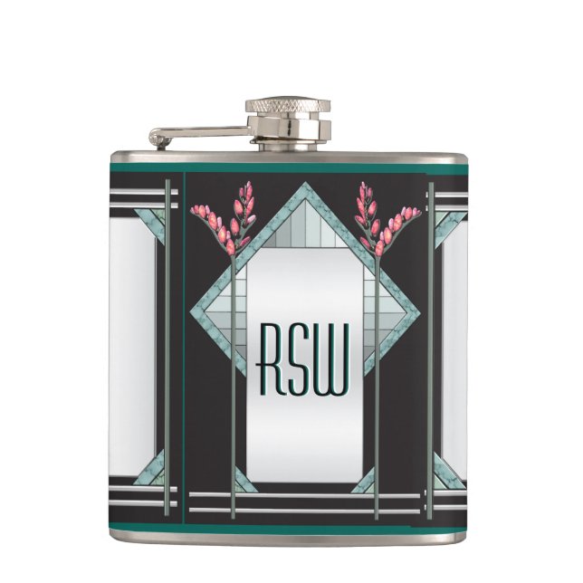 Art Deco Pink Pussy Willow on Black (Personalized) Hip Flask (Front)
