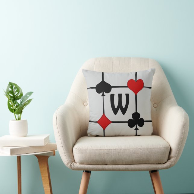 Art Deco Playing Card Suits v2 Monogrammed Throw Pillow (Chair)