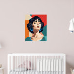 "Art Deco Portrait with Geometric Background Poster<br><div class="desc">A stylized, vector-based illustration inspired by early 20th-century poster art and Art Deco features a young woman with a light skin tone. Her head is turned slightly to her right, gazing upward with short, dark wavy hair framing her face. Her eyes are sharply outlined in black with light beige irises,...</div>
