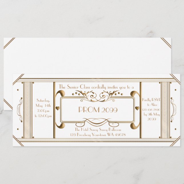 art deco prom ticket,junior prom,senior prom,white invitation (Front/Back)