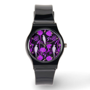 ART DECO PURPLE FLOWERS,WHITE PARROTS ON BLACK WATCH
