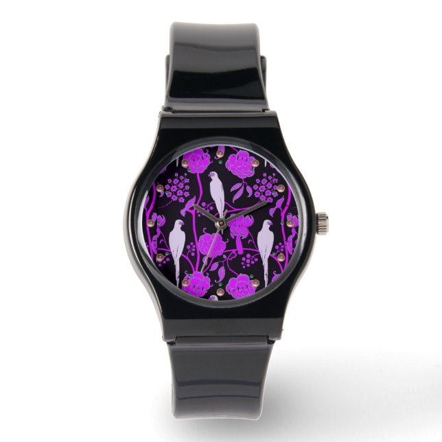 ART DECO PURPLE FLOWERS,WHITE PARROTS ON BLACK WATCH (Front)
