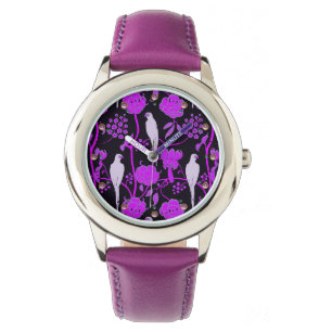 ART DECO PURPLE FLOWERS,WHITE PARROTS ON BLACK WATCH