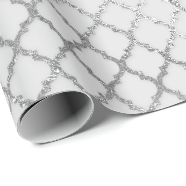 Art Deco Quatrefoil  Grey Silver Net Shiny Wrapping Paper (Roll Corner)