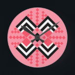 Art Deco Quilt Inspired  Round Clock<br><div class="desc">This clock has an art deco quilt-inspired design of diamond shapes in black,  white,  and pink on a field of watermelon.</div>