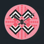 Art Deco Quilt Inspired  Round Clock<br><div class="desc">This clock has an art deco quilt-inspired design of diamond shapes in black,  white,  and pink on a field of watermelon.</div>