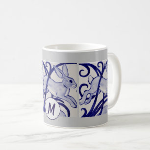 Art Deco Rabbit Hare Blue White Grey Monogram Coffee Mug