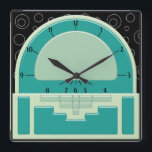 Art Deco Radiola (3 Greens and a Black) Square Wall Clock<br><div class="desc">The original digital painting on this cool clock was inspired by a 1930's Art Deco radio design. Using various shading techniques to suggest a 3-D Bakelite clock set against a black wallpaper with wiry thin white circle pattern, this wall clock is sure to collect comments and praise for your good...</div>