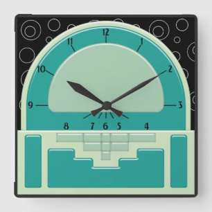 Art Deco Radiola (3 Greens and a Black) Square Wall Clock
