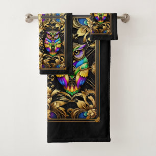 Art Deco Rainbow Owl Bath Towel Set