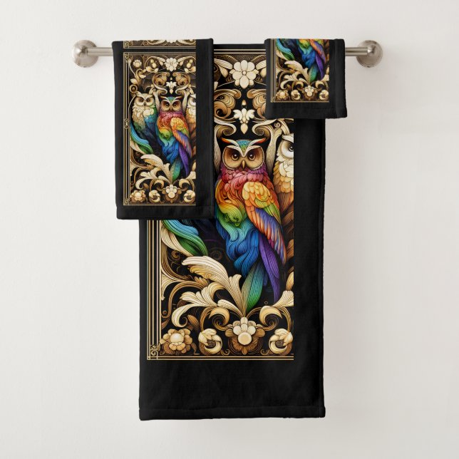 Art Deco Rainbow Owl Bath Towel Set (Insitu)