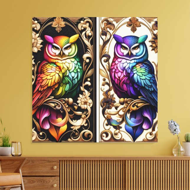 Art Deco Rainbow Owls Canvas Print (Insitu(LivingRoom))