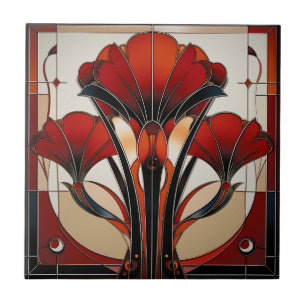 Art Deco Red Black White Abstract  Floral   Tile