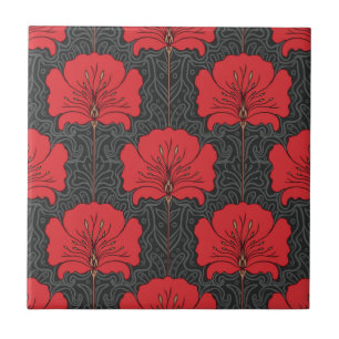 Art deco,red flowers,black,vintage,chic,elegant, tile