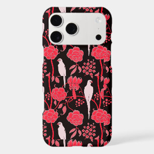 ART DECO RED FLOWERS,WHITE PARROTS ON BLACK