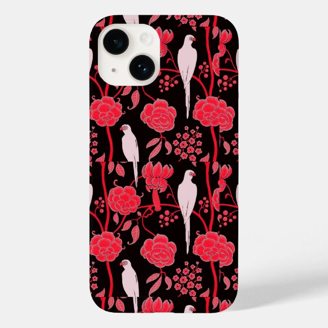 ART DECO RED FLOWERS,WHITE PARROTS ON BLACK Case-Mate iPhone CASE (Back)