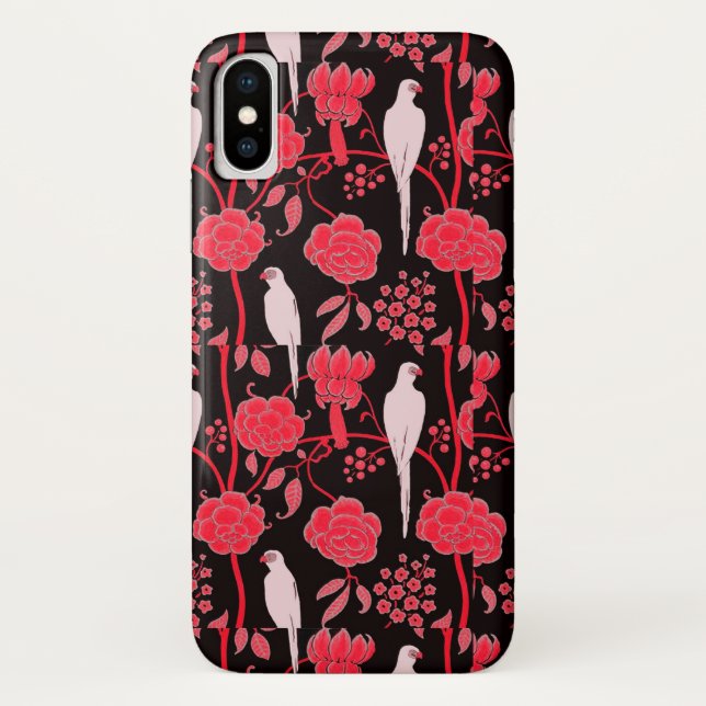 ART DECO RED FLOWERS,WHITE PARROTS ON BLACK Case-Mate iPhone CASE (Back)