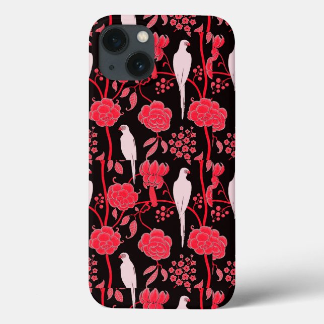 ART DECO RED FLOWERS,WHITE PARROTS ON BLACK Case-Mate iPhone CASE (Back)